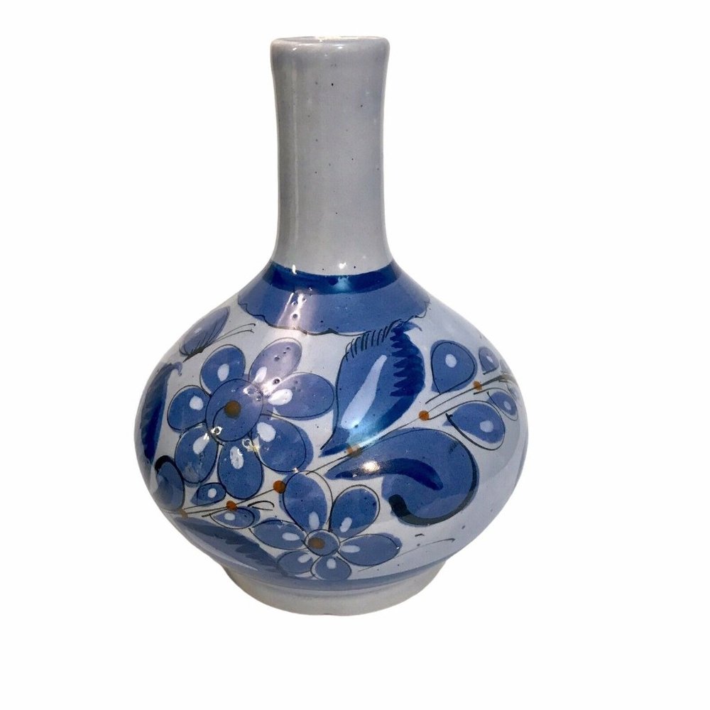 Vintage Tonala Mexican Pottery Vase Blue Birds Butterflies Floral 8.5" Signed VG - Picture 8 of 13